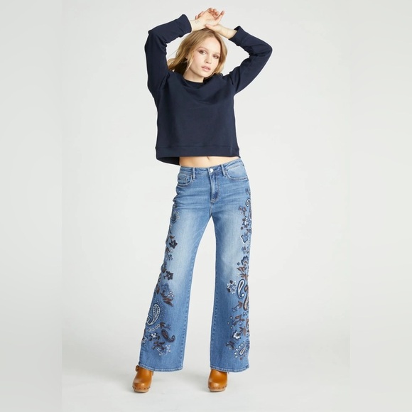 NEW Free People x Driftwood Embroidered Flare Jeans Sz 27 MSRP $188 Boho Denim - Picture 1 of 7